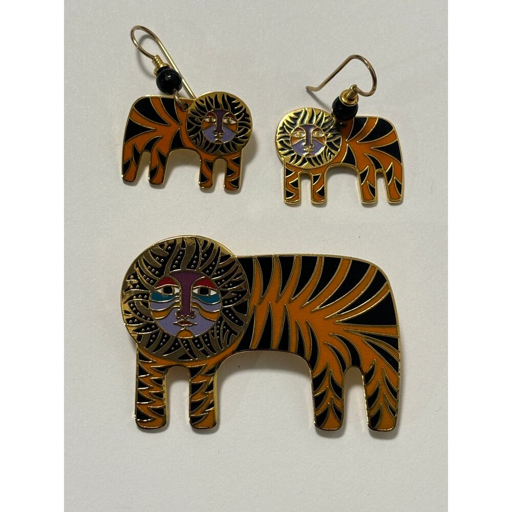 LAUREL BURCH Vintage TIGRE Tiger Brooch / Pin & Earrings Cloisonne Enamel New - Picture 1 of 3